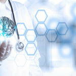 doctor neurologist hand show metal brain with computer interface