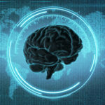 Dark brain HUD – 3d render of brain inside target in front of di